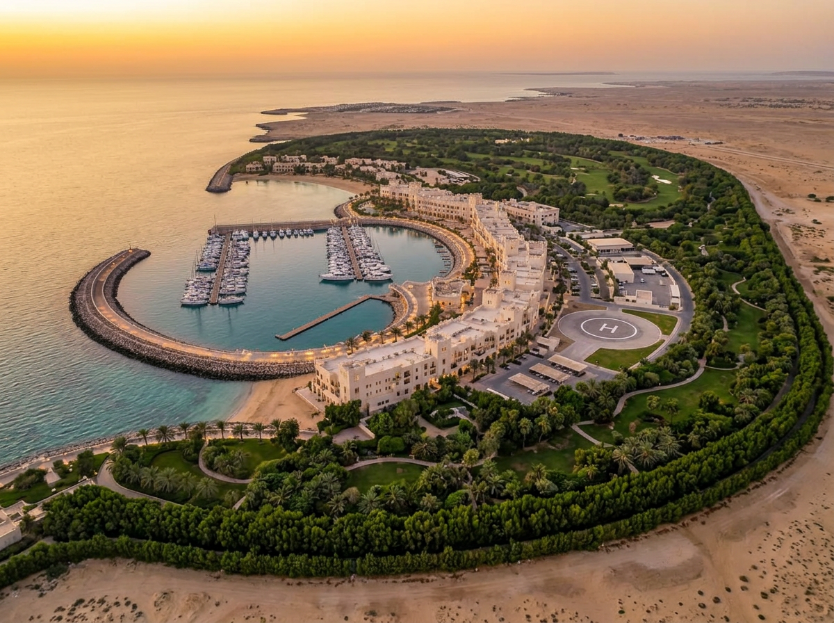 Mid-altitude drone view of a luxury Omani marina with breakwaters, berths and yachts