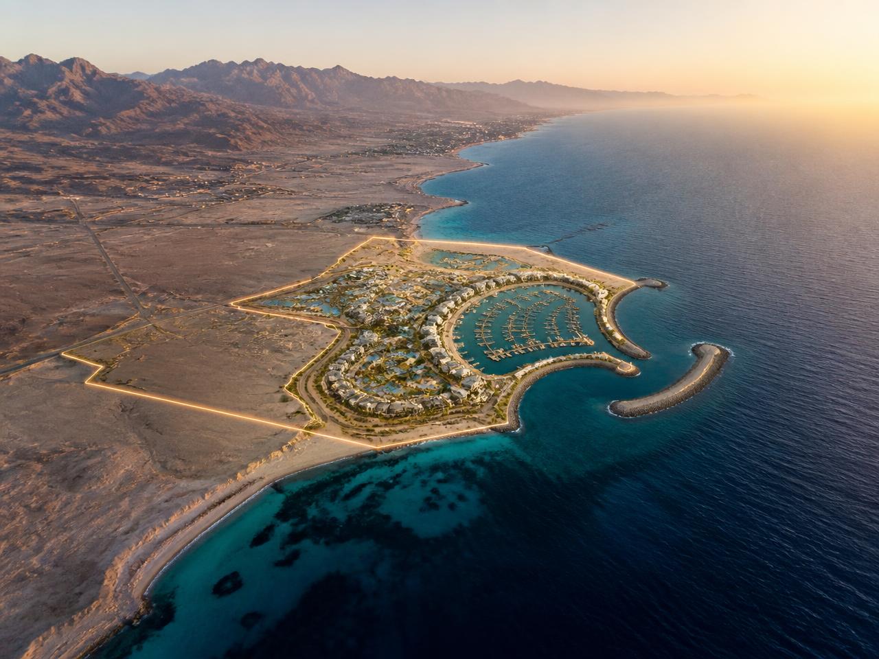 High-altitude satellite view of an Omani coastline with a marina development site outlined in gold