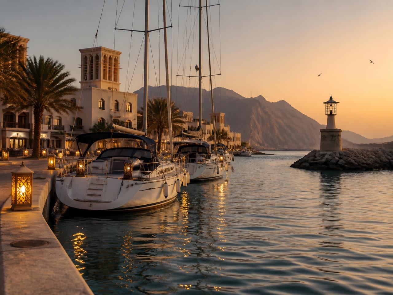 Water-level view of moored sailing yachts at a luxury Omani marina at golden hour