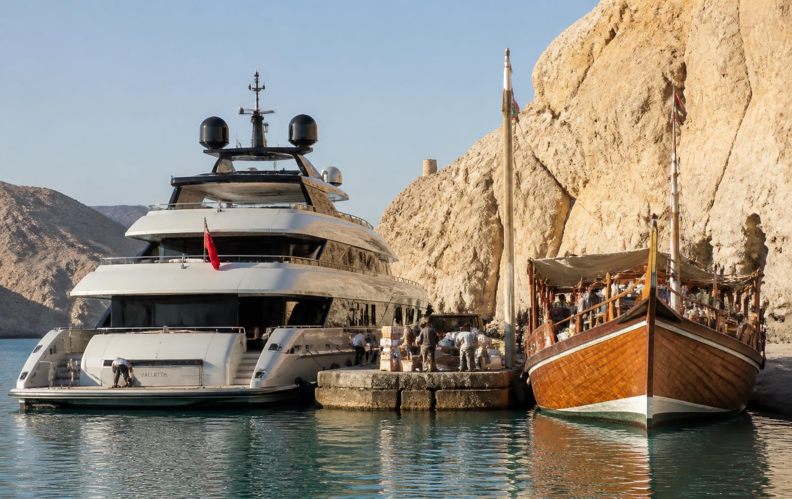 A modern superyacht moored beside a traditional Omani dhow