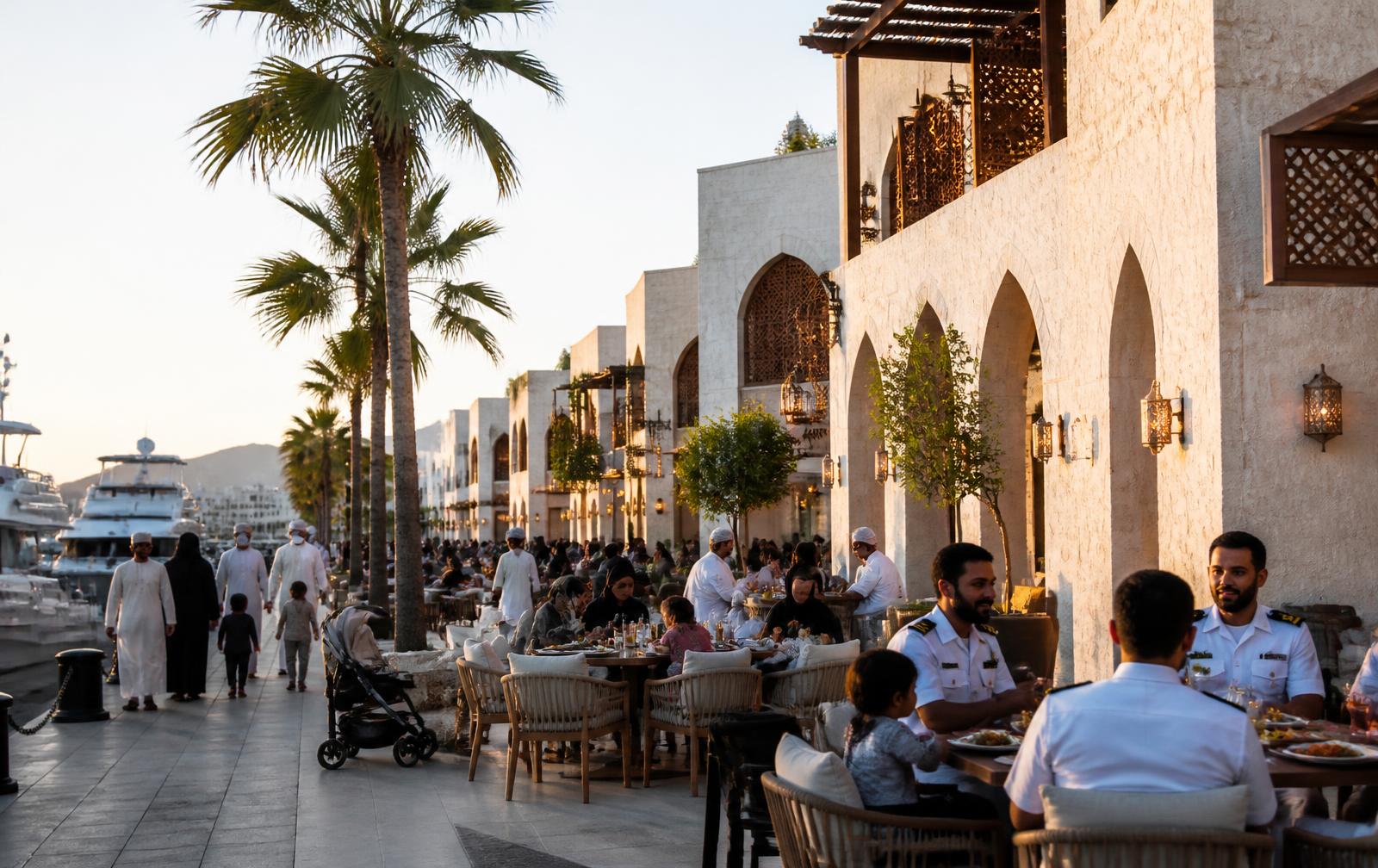 Evening promenade in a low-rise Omani waterfront village
